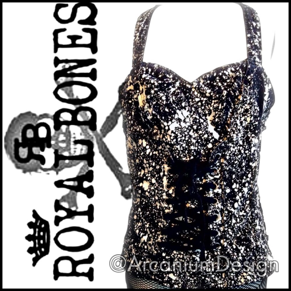 ❌SOLD Royal Bones/ Tripp Corset Bleach Spatter Goth Gothic Punk Witchy Pinup